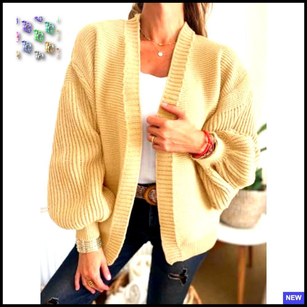 Oversized Cardigan Chunky Knit Lantern Sleeves Open Front Trendy Sweater - Picture 4 of 7